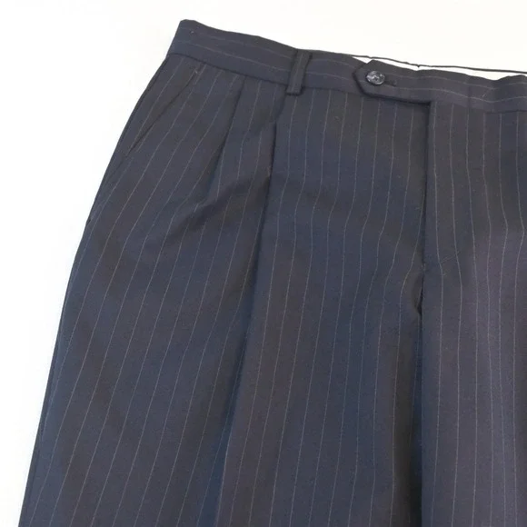 Vtg Y2K Boxy 2000s 42R 33x32 Navy Blue Striped 100% Wool Mens Jacket Pants Suit